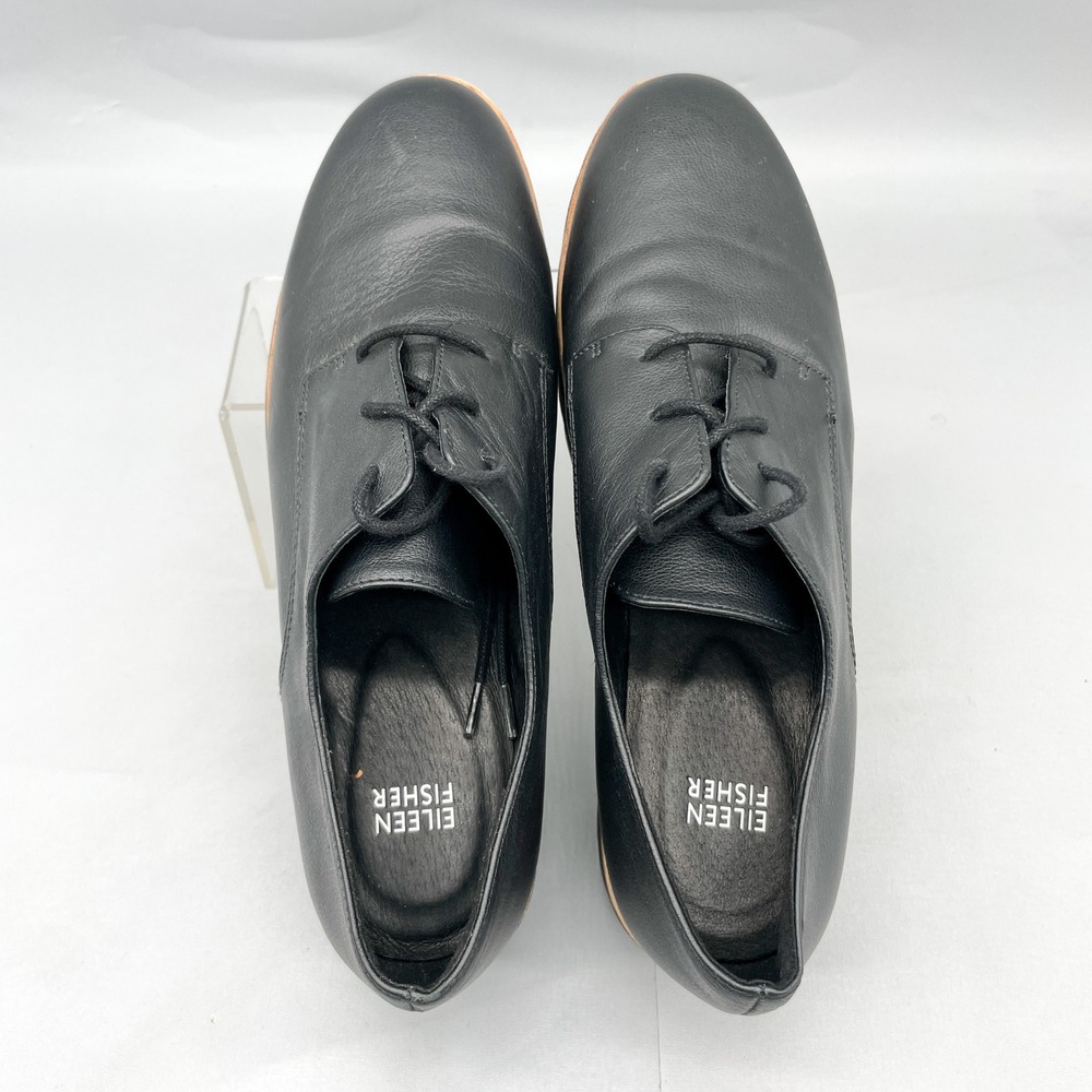 Eileen Fisher Womens 9 Eddy Oxford Black Leather Platform Derby Shoe Chunky Heel - Picture 7 of 12